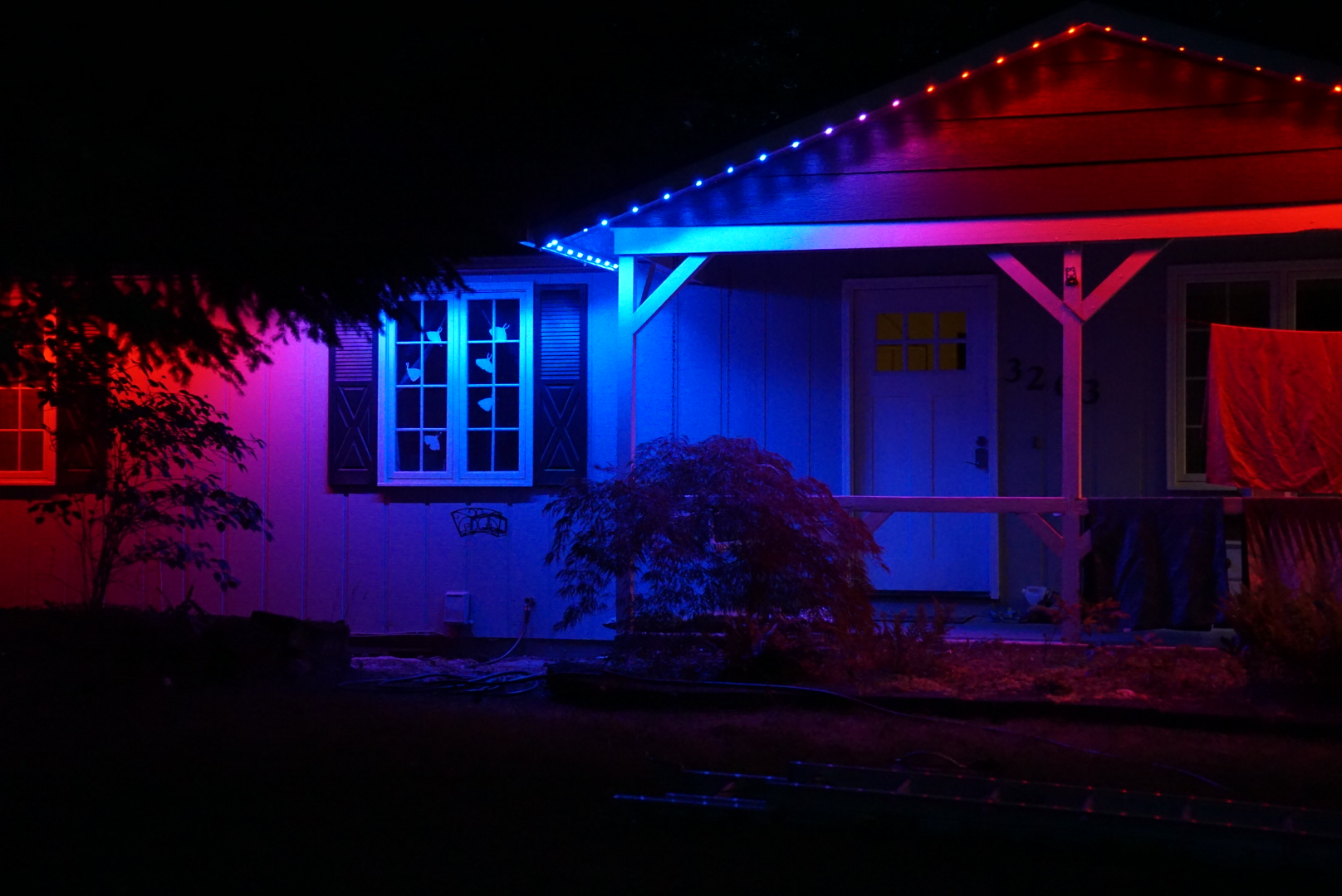Red & Blue Roofline — permanent exterior lighting in Front elevation