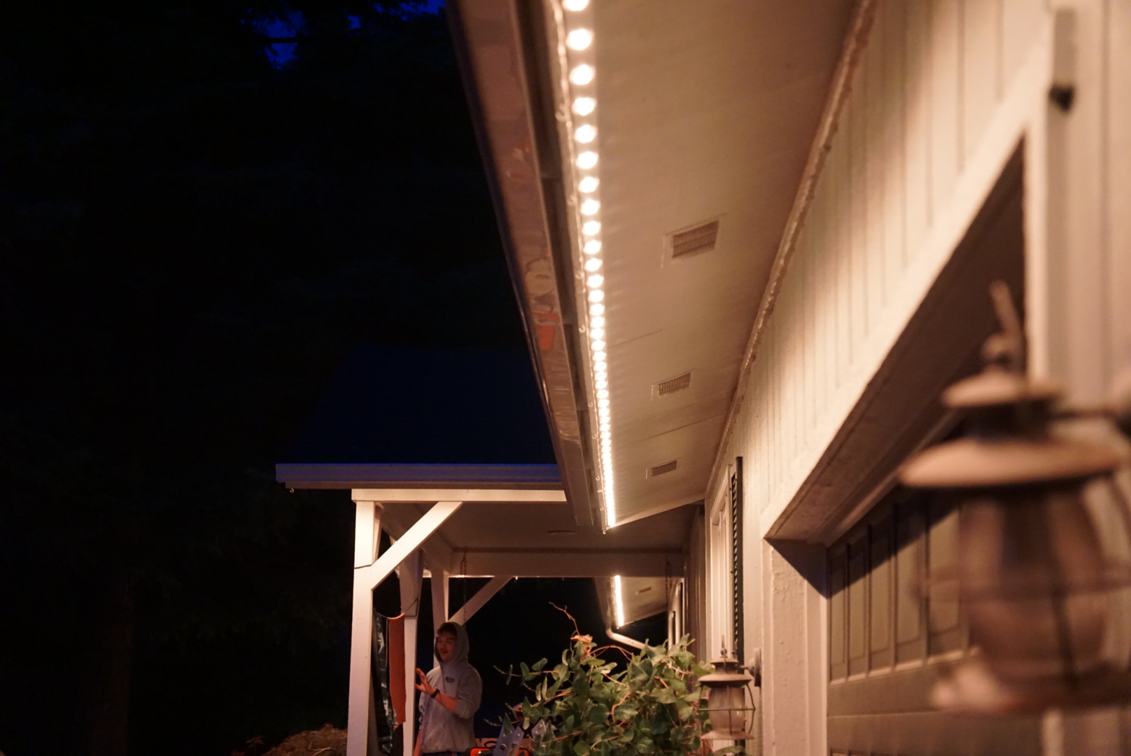 Warm White Eave Detail — permanent exterior lighting in Eave close-up